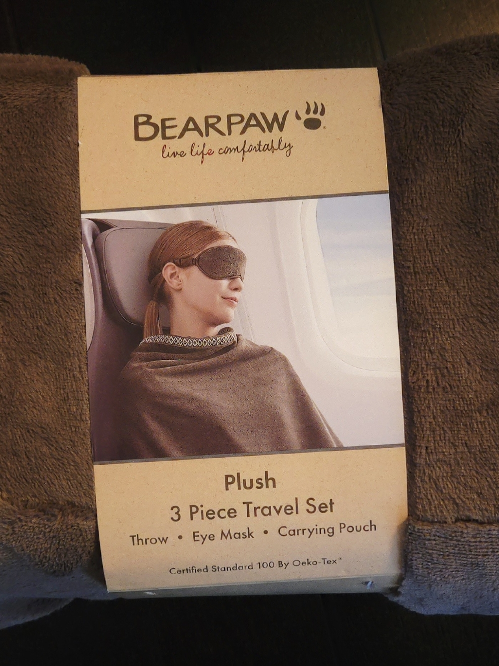 BEARPAW Plush 3-Piece Travel Set - Brown Throw & Eye Mask